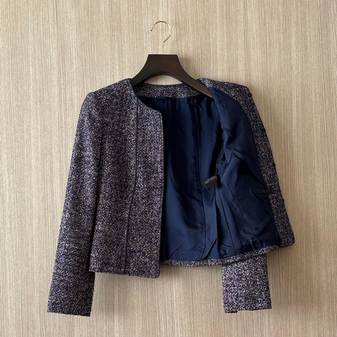 【1134】アナイ　ツィードクルージャケット　濃紺　ピンク　34 小さいサイズ