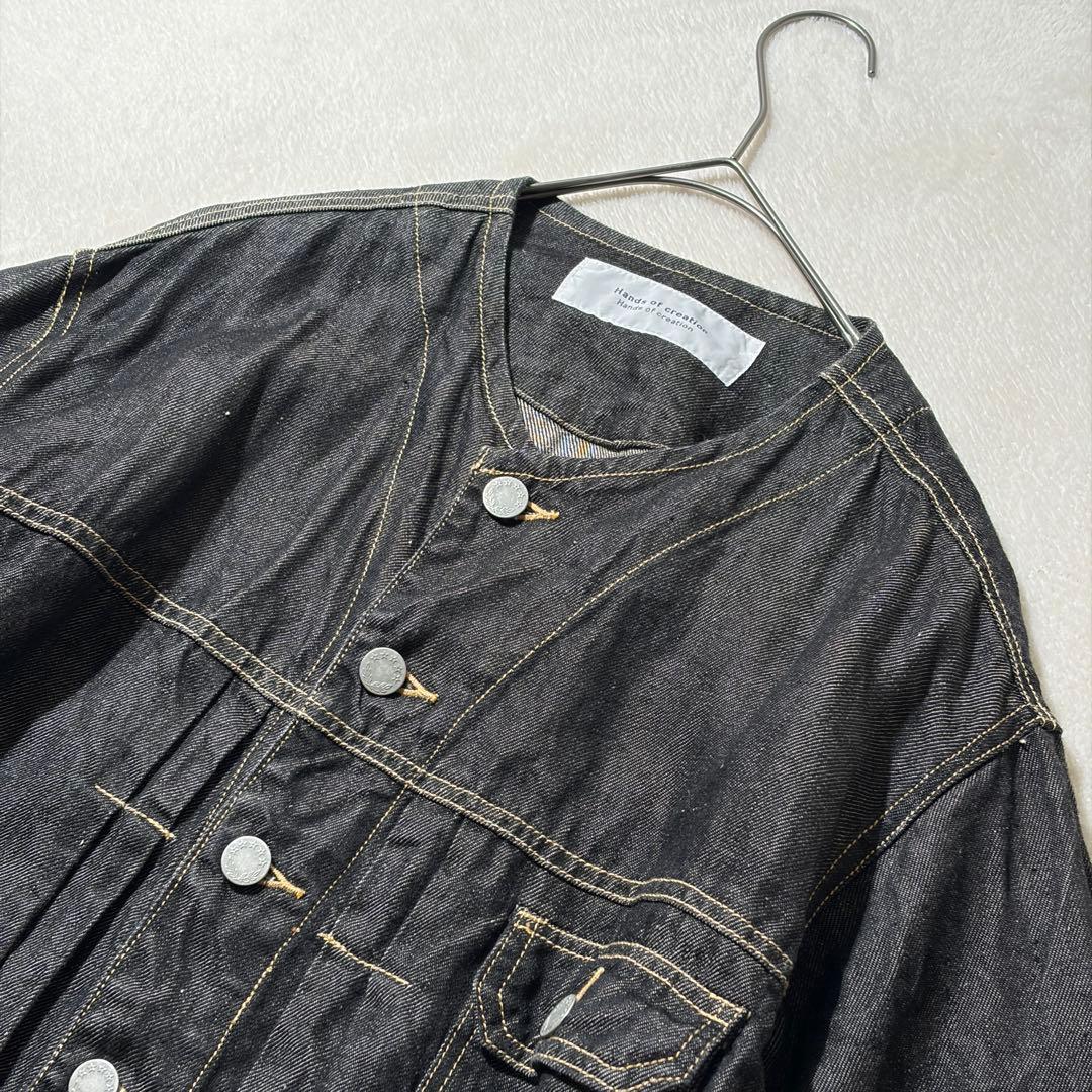 ハンズオブクリエイション　リネン デニム ノーカラージャケット　Gジャン　黒