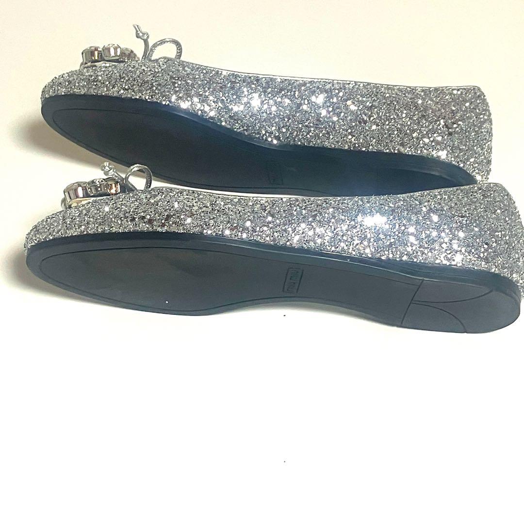 【美品】miumiu ミュウミュウ 24cm ビジュー　フラット　パンプス　銀