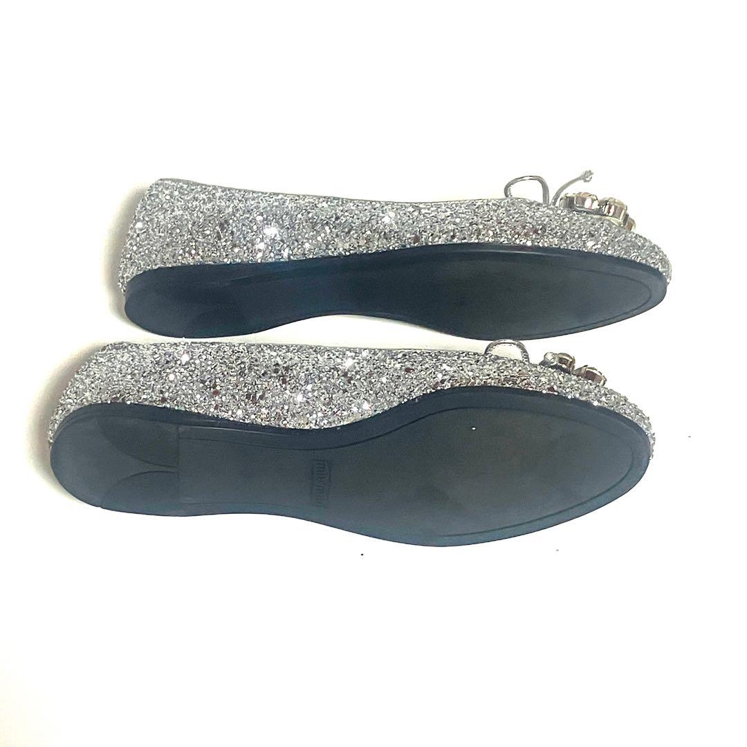 【美品】miumiu ミュウミュウ 24cm ビジュー　フラット　パンプス　銀