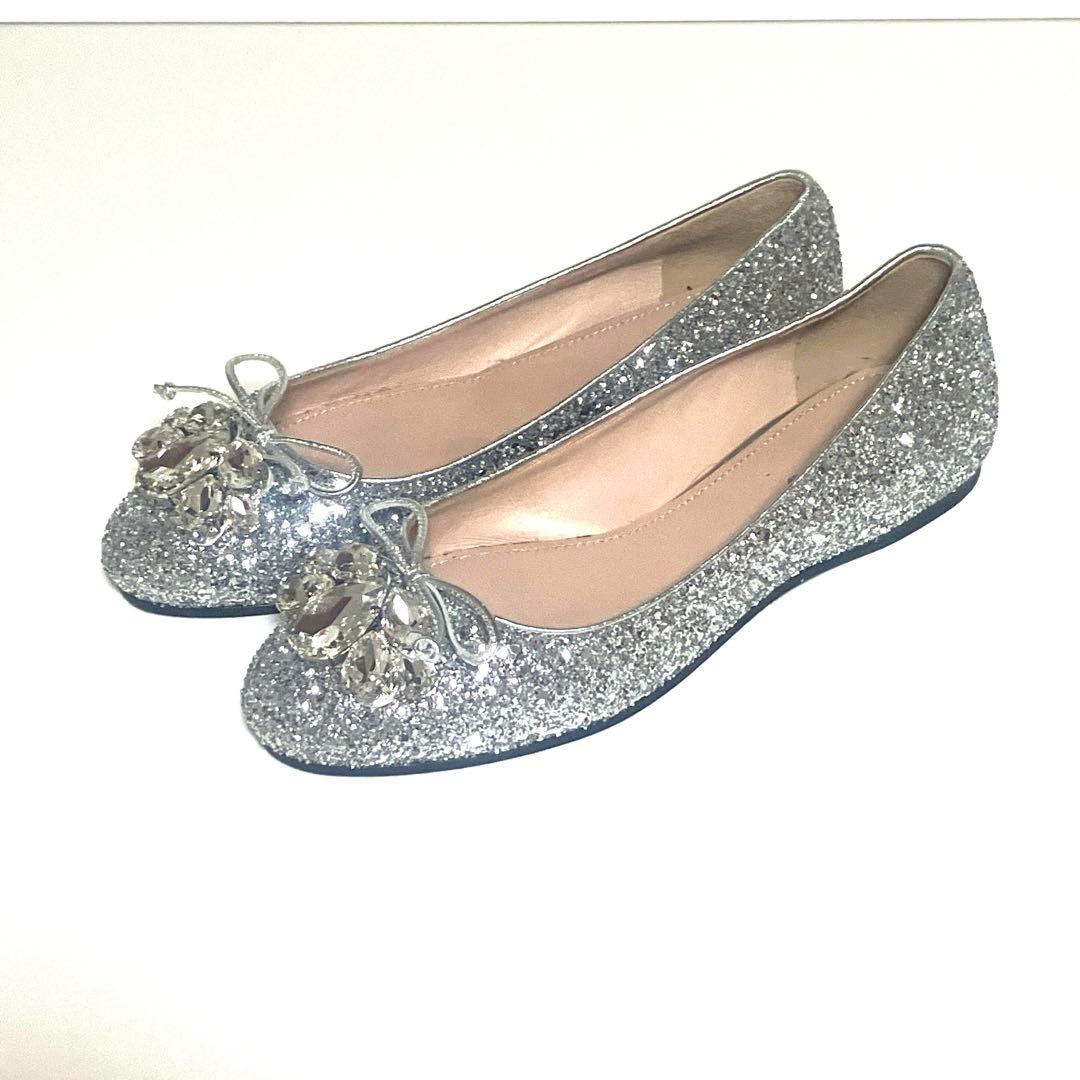 【美品】miumiu ミュウミュウ 24cm ビジュー　フラット　パンプス　銀