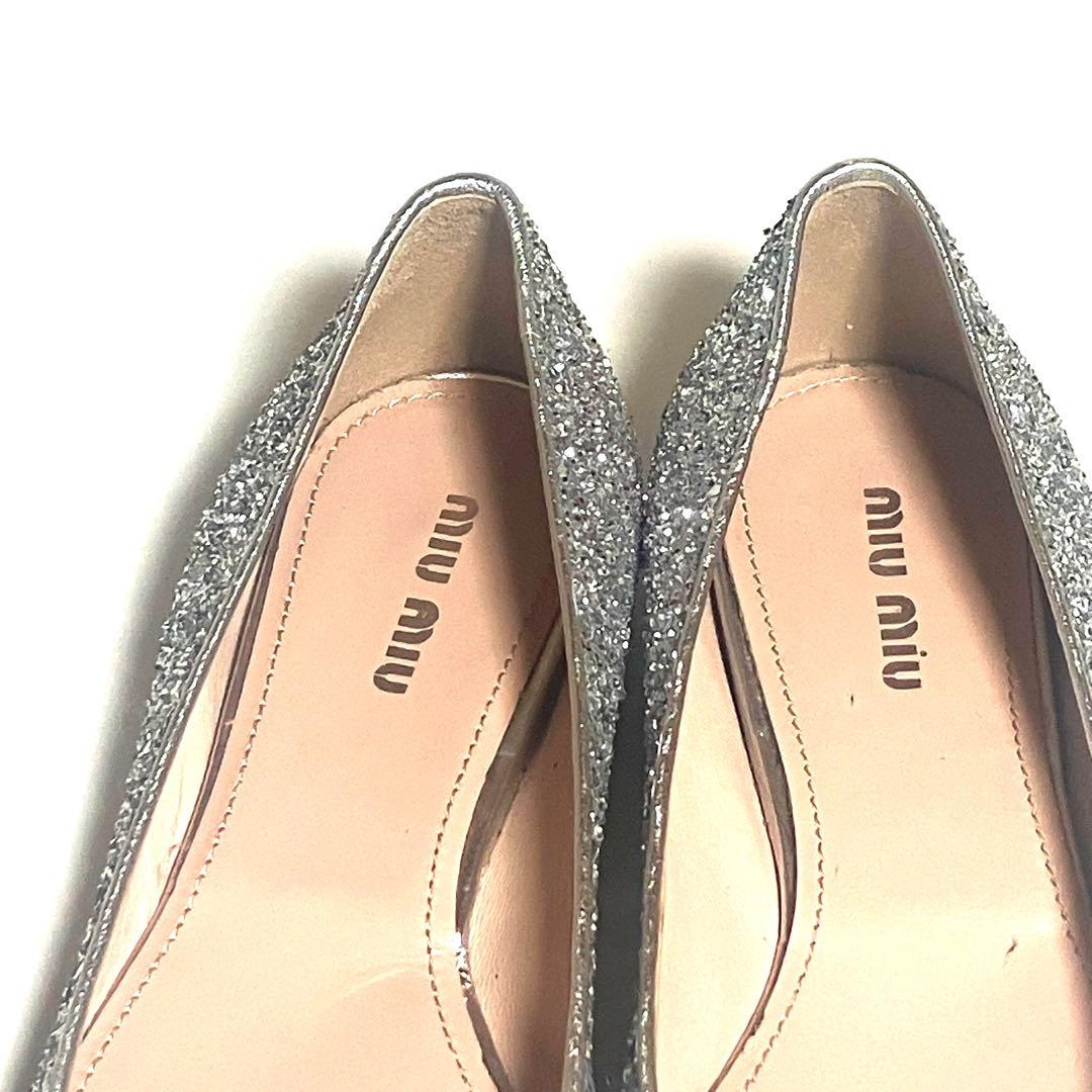 【美品】miumiu ミュウミュウ 24cm ビジュー　フラット　パンプス　銀