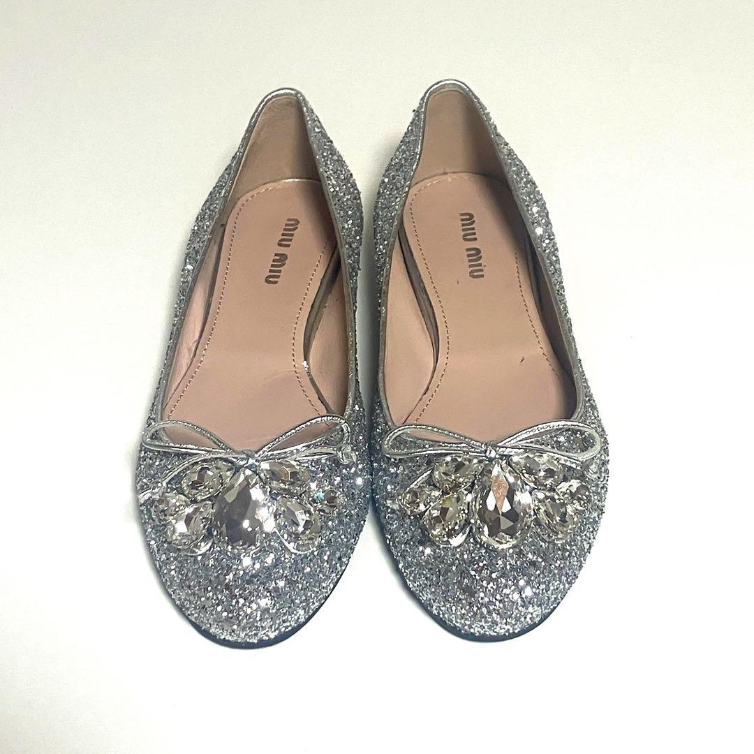【美品】miumiu ミュウミュウ 24cm ビジュー　フラット　パンプス　銀