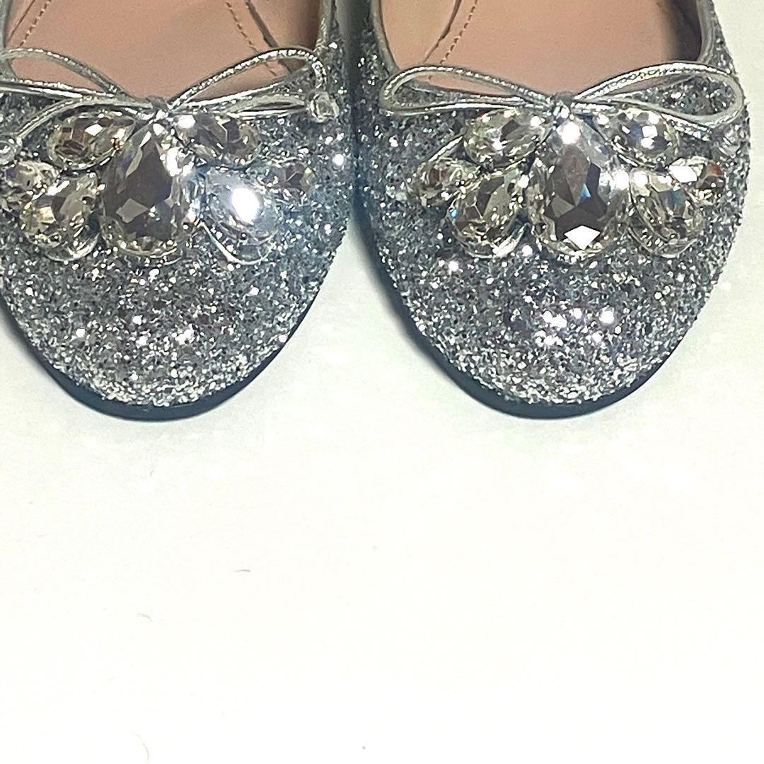 【美品】miumiu ミュウミュウ 24cm ビジュー　フラット　パンプス　銀