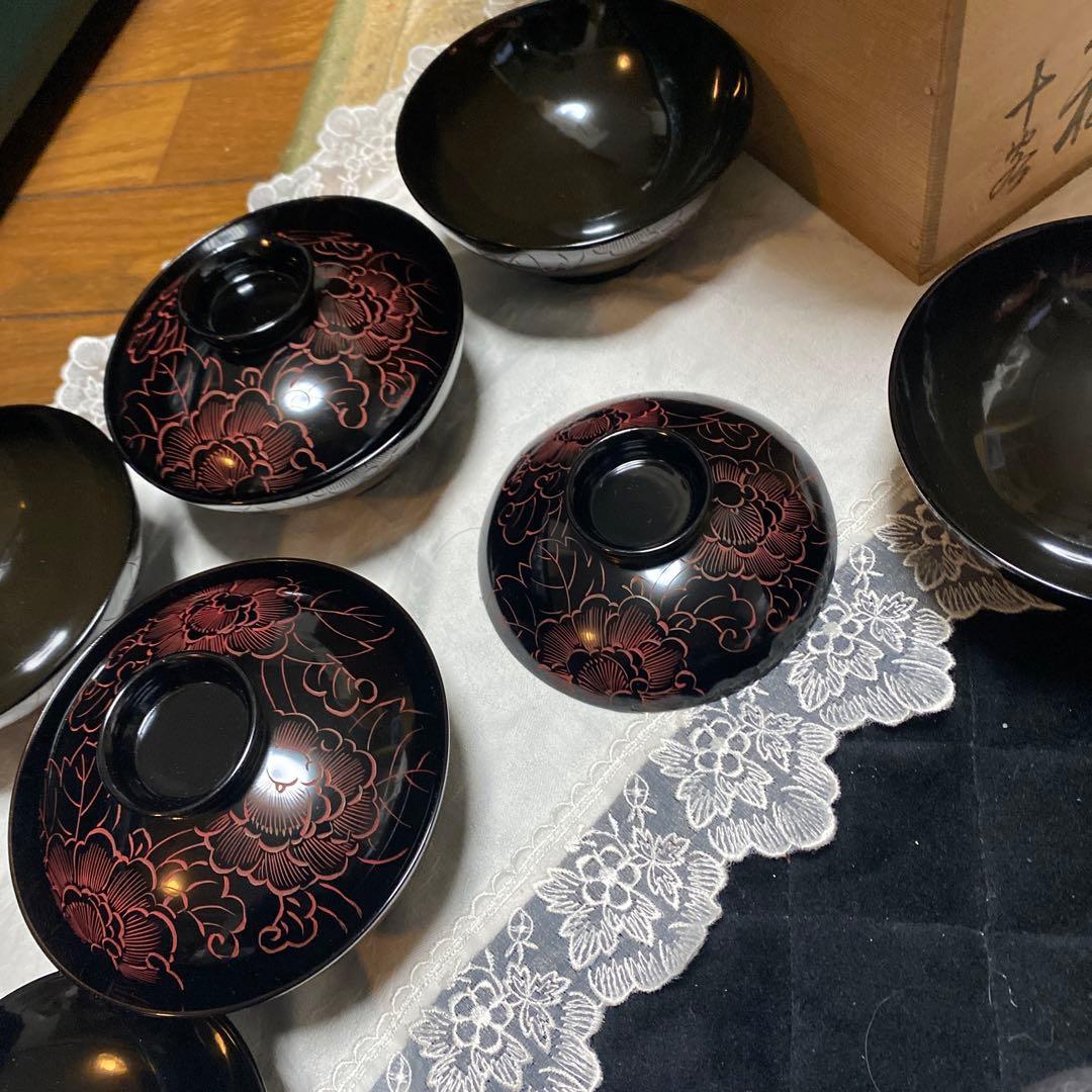 期間限定最終処分特価　輪島塗吸物椀五客黒に朱の絵付け堅牢優美布着保証　素敵な食卓