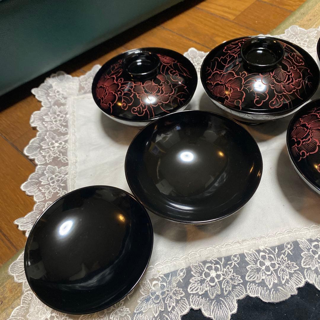 期間限定最終処分特価　輪島塗吸物椀五客黒に朱の絵付け堅牢優美布着保証　素敵な食卓