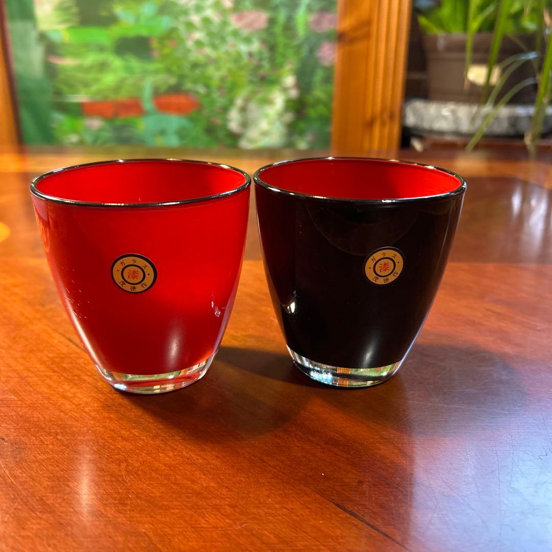 専用です！漆器 椀、茂徳作グラスセット 赤黒 4個 スプーン2本、未使用。
