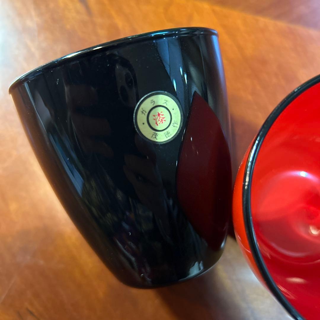 専用です！漆器 椀、茂徳作グラスセット 赤黒 4個 スプーン2本、未使用。