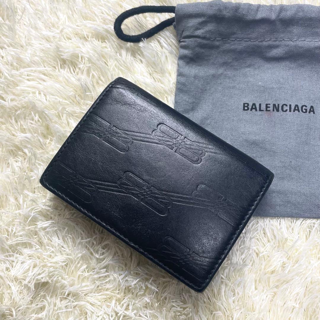 美品 保存袋付き バレンシアガ 三つ折り財布 コンパクト ロゴ型押し ブラック