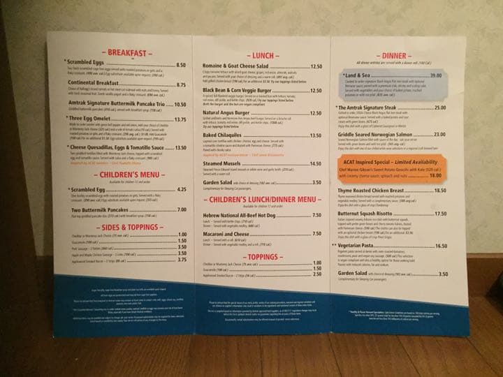 AMTRAK アムトラック　コーストスターライト号　食堂車　メニュー