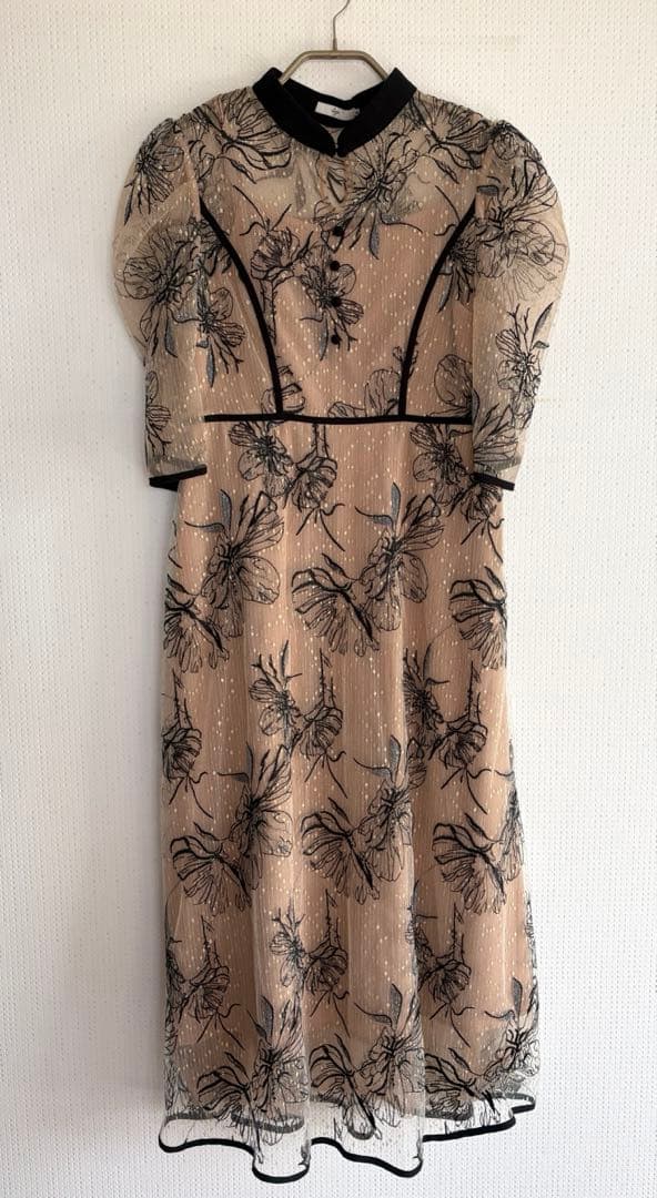 Leja 配色パイピング花柄ラメレースワンピースドレス