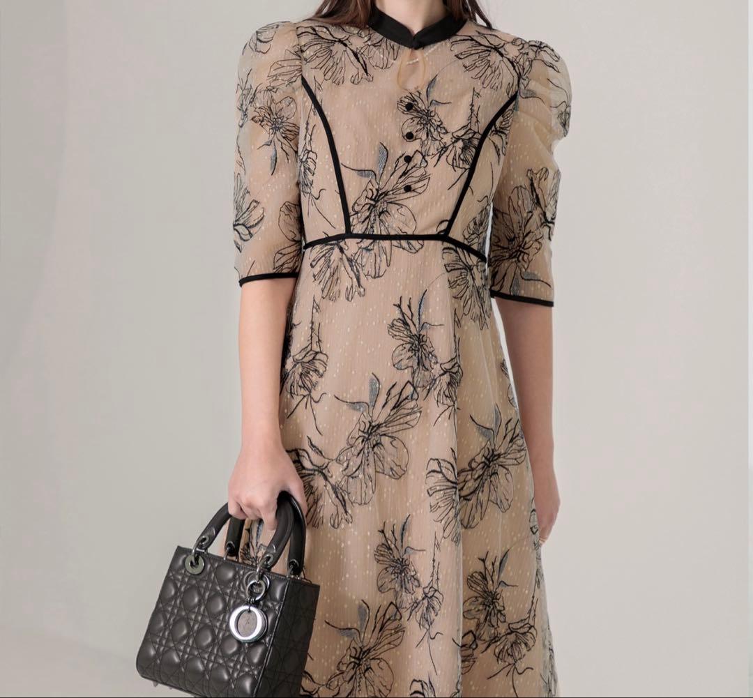 Leja 配色パイピング花柄ラメレースワンピースドレス