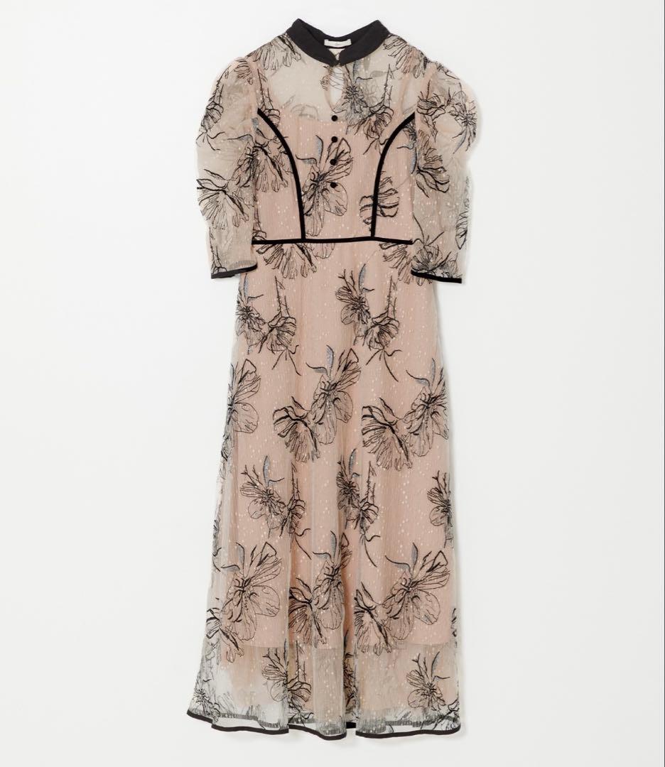 Leja 配色パイピング花柄ラメレースワンピースドレス