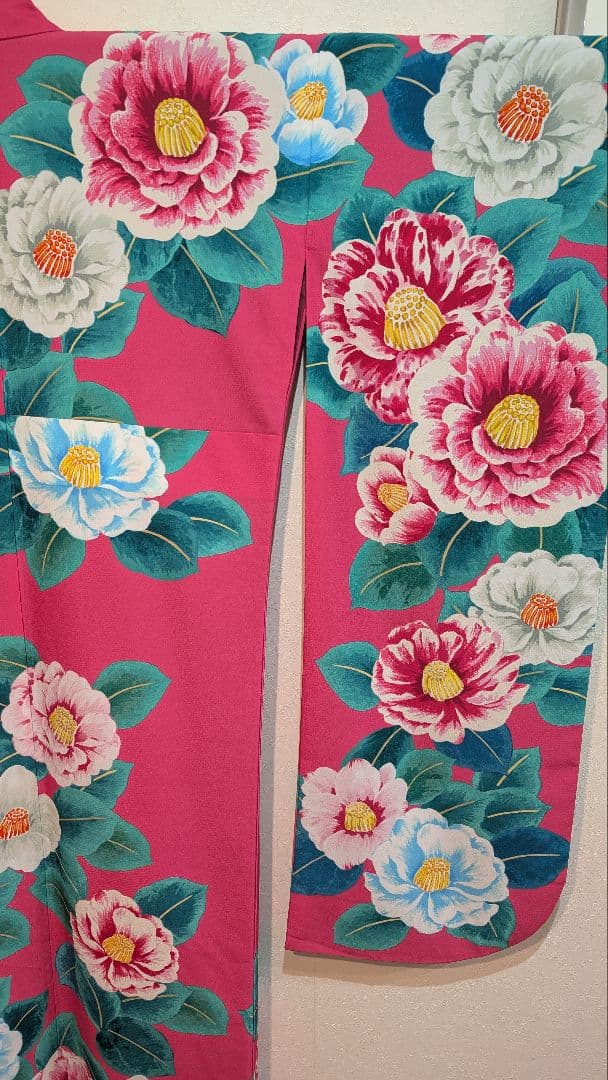 【ポリエステル】振袖 ピンク 花柄 ボタン♪華やか！