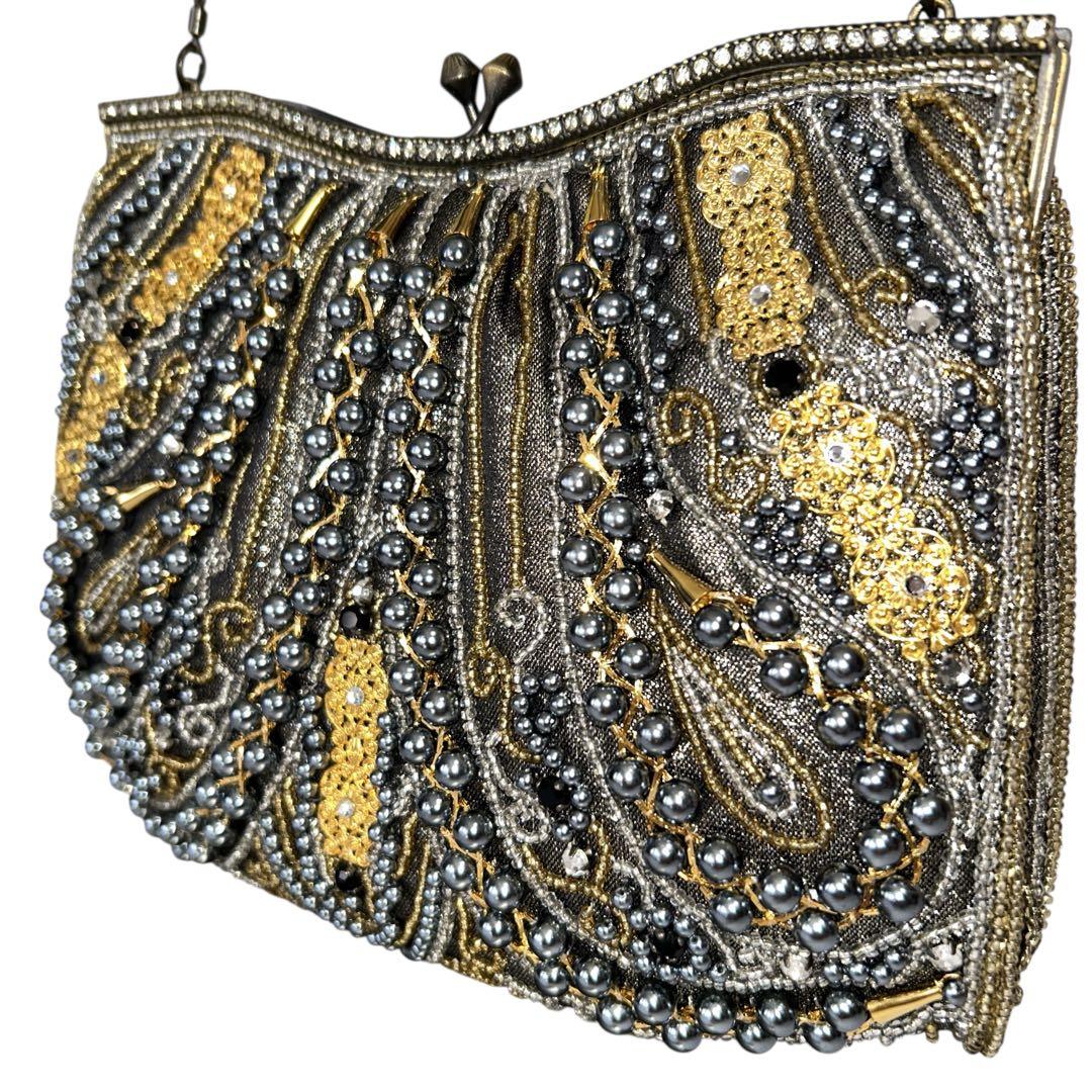 ビーズバッグ パーティバッグ がま口 チェーン ゴールド×ブラック 和装バッグ