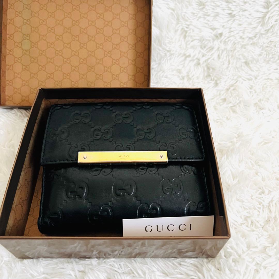【美品】GUCCI グッチ シマ 二つ折り財布 ブラック レザー ゴールド金具