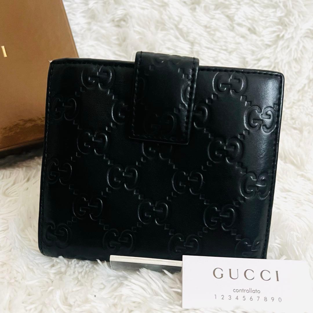 【美品】GUCCI グッチ シマ 二つ折り財布 ブラック レザー ゴールド金具
