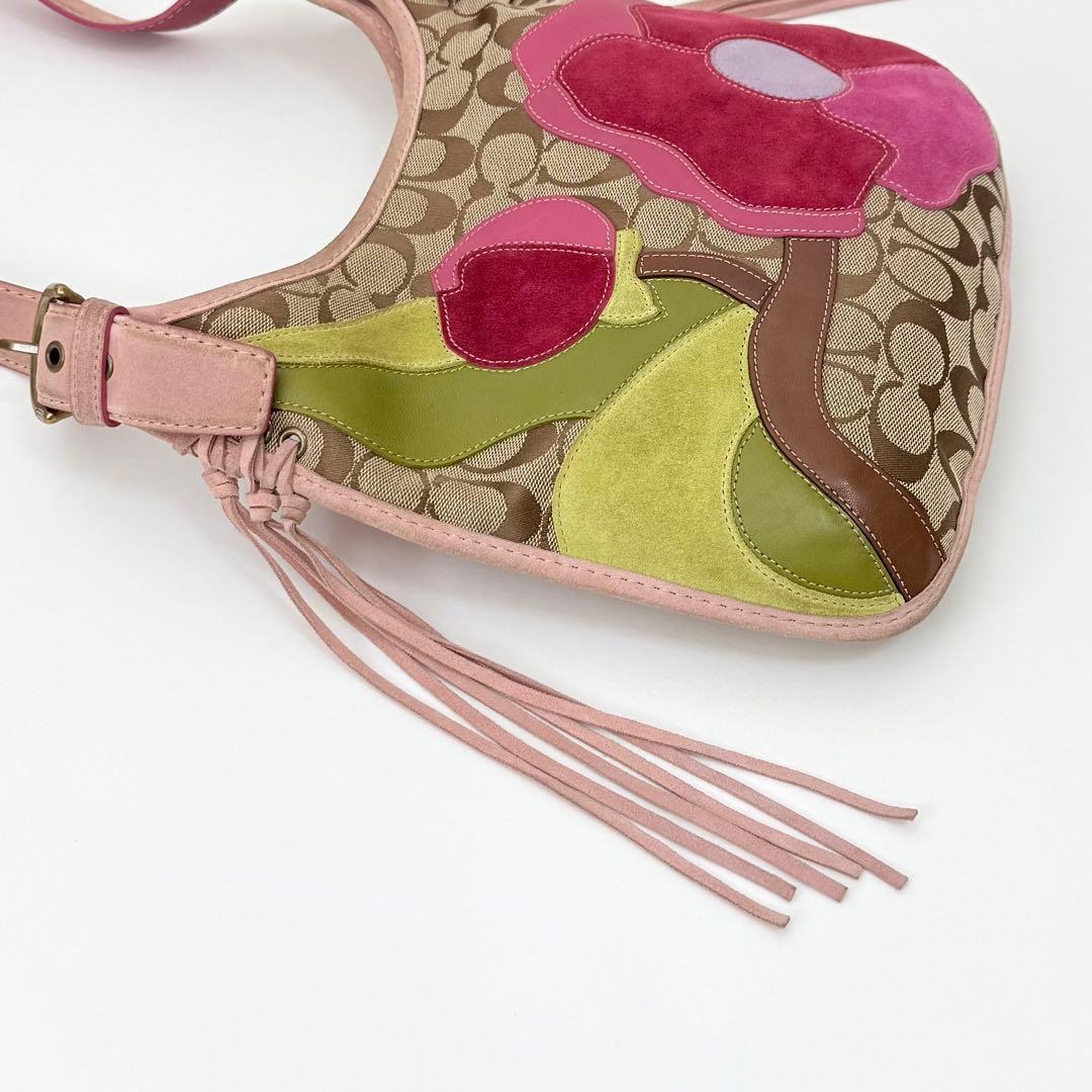 バッグ Coach Fringe Flower Applique Pink Bag