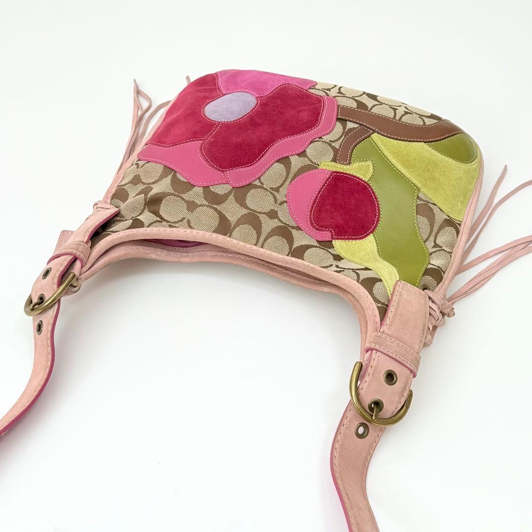 バッグ Coach Fringe Flower Applique Pink Bag