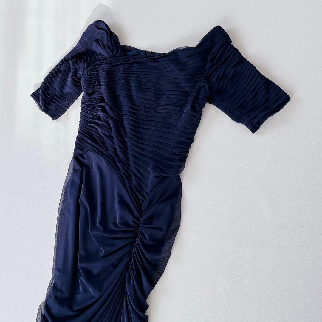 TADASHI SHOJI ドレス　メッシュ アシンメトリー ギャザー ネイビー