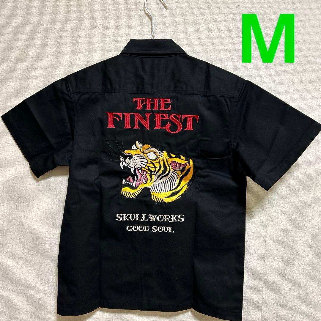 新品　 M スカルワークス　トラ　半袖シャツ　ボウリングシャツ　刺繍　ブラック