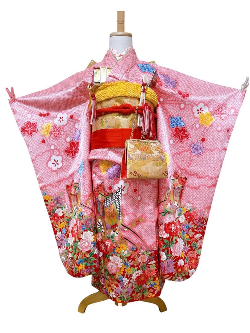 ピンク鹿の子柄♡七五三　7歳　女の子　フルセット　一式　パール付帯締め　ゴールド