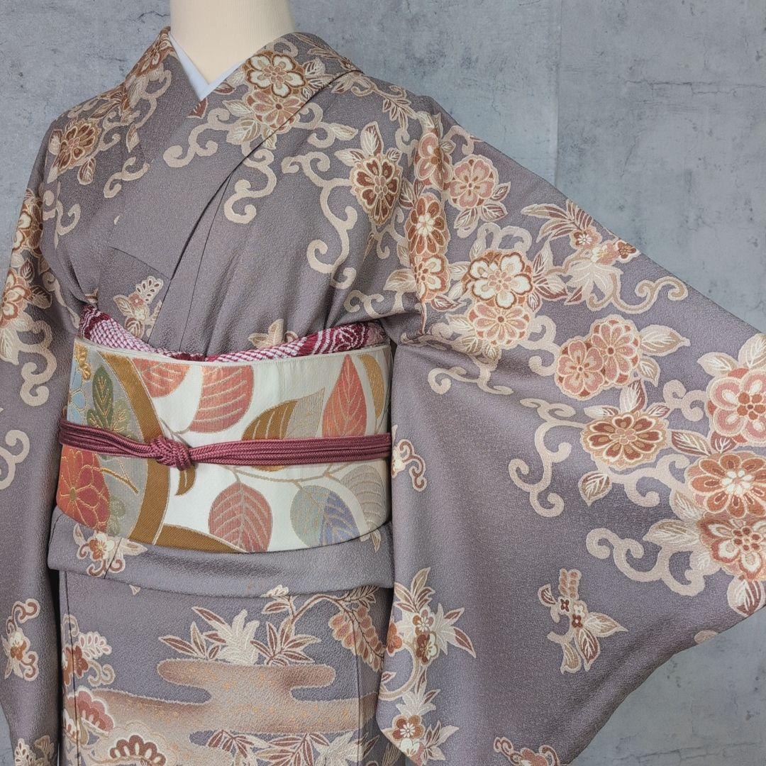 訪問着　フルセット　着物　正絹　グレー地　花　豪華　E1