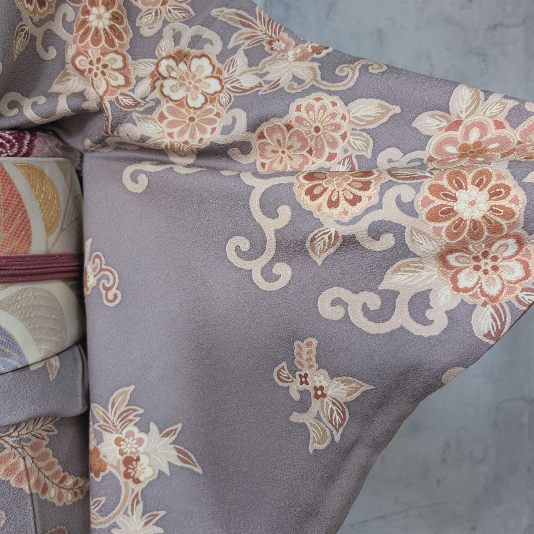 訪問着　フルセット　着物　正絹　グレー地　花　豪華　E1