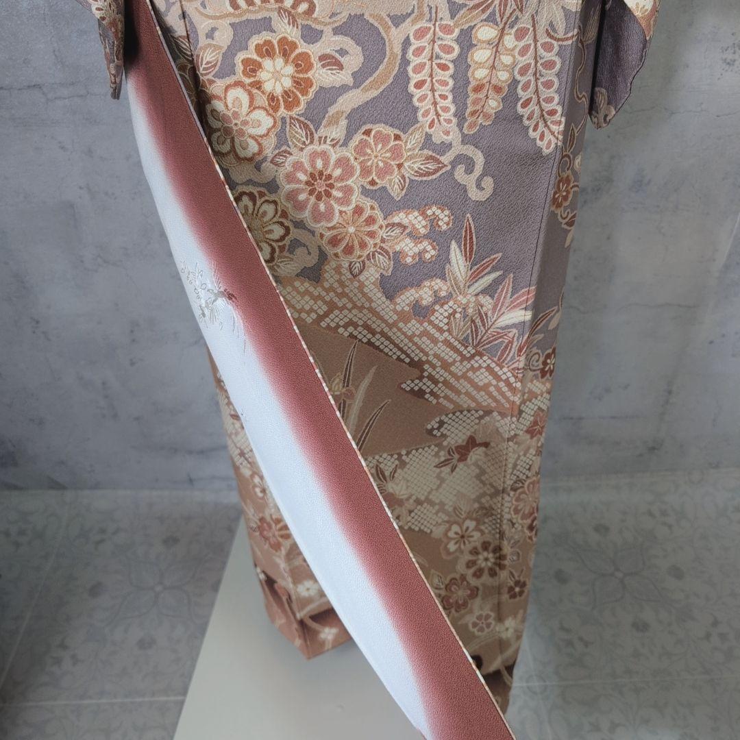 訪問着　フルセット　着物　正絹　グレー地　花　豪華　E1