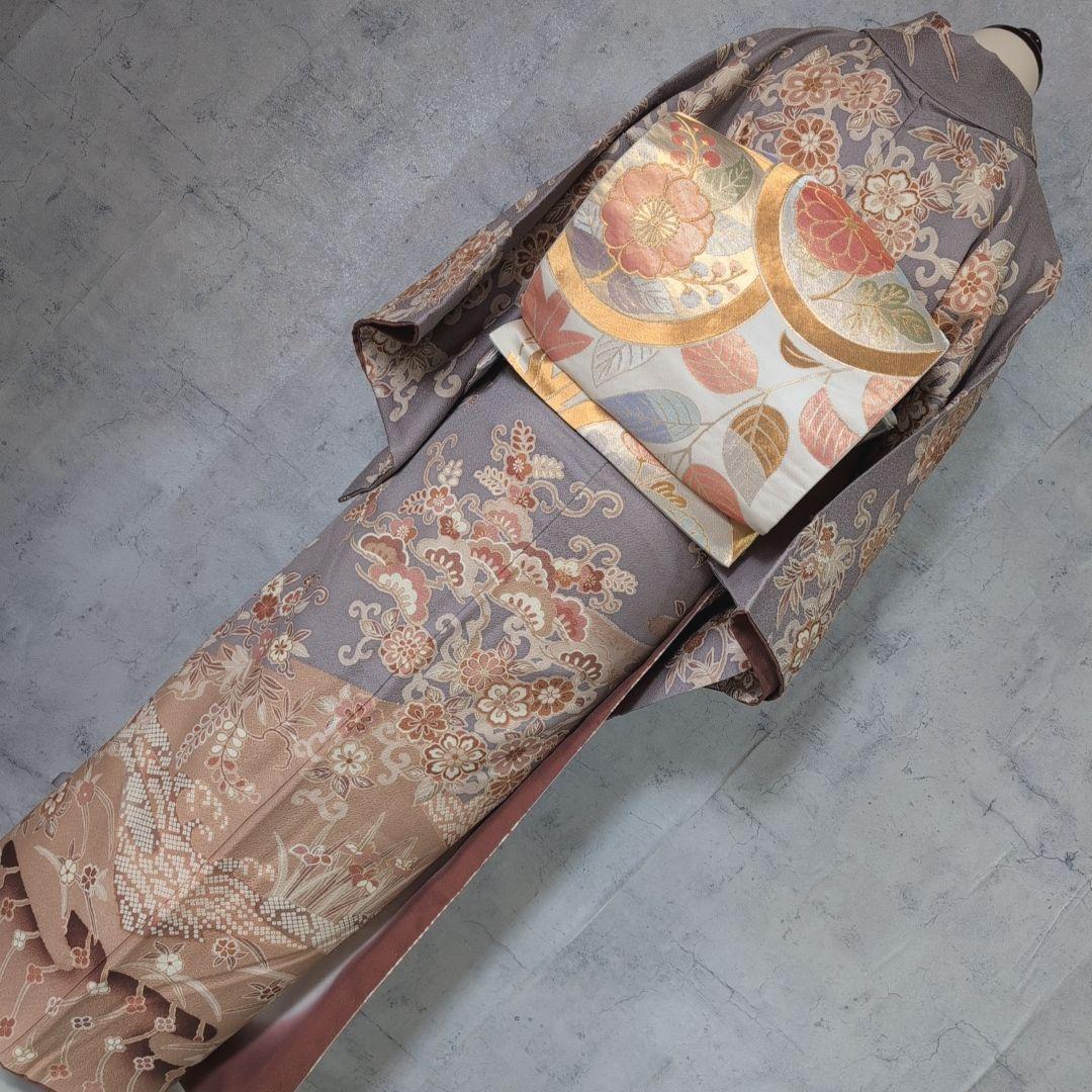 訪問着　フルセット　着物　正絹　グレー地　花　豪華　E1