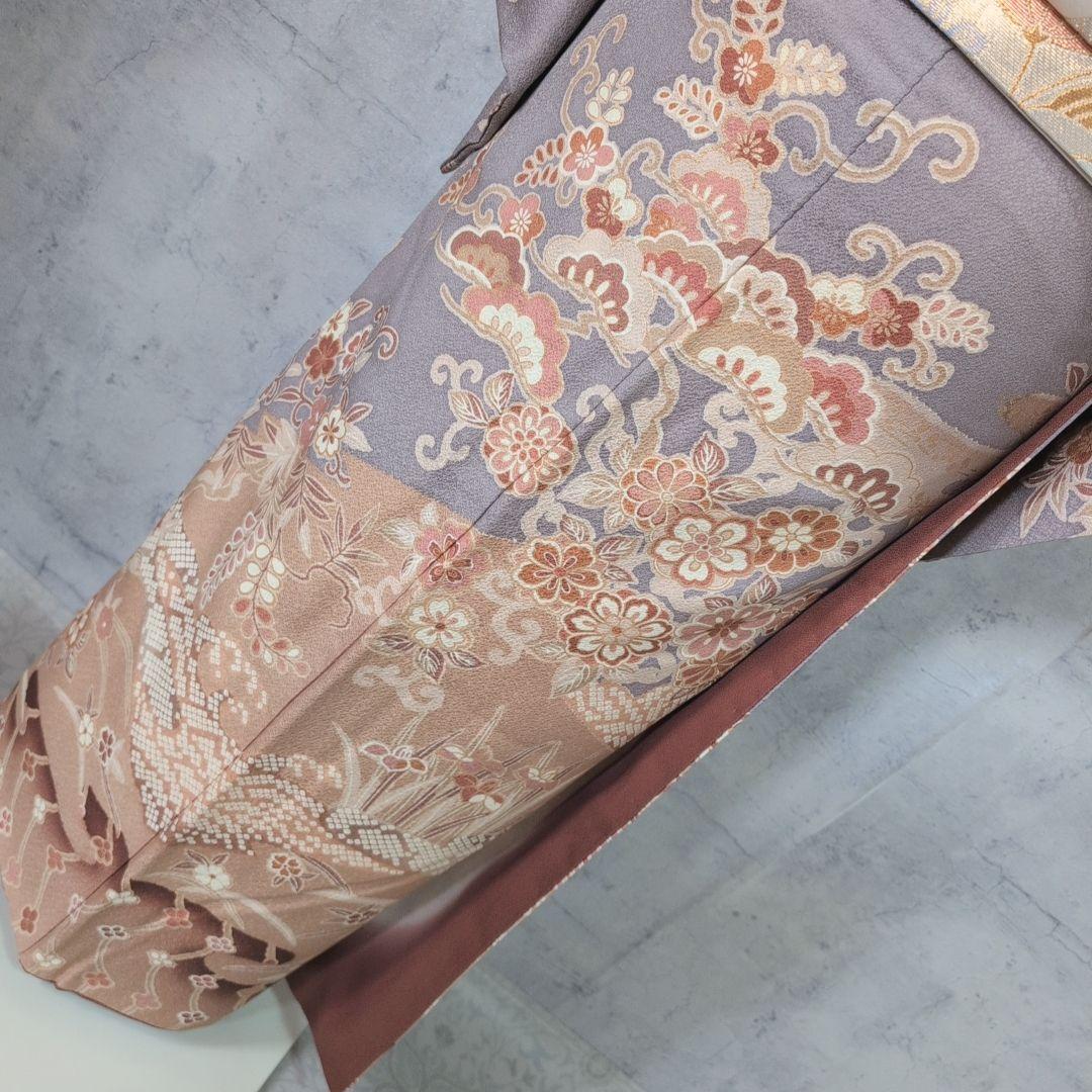 訪問着　フルセット　着物　正絹　グレー地　花　豪華　E1