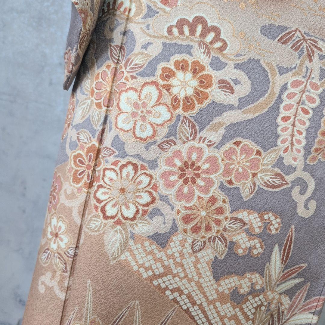 訪問着　フルセット　着物　正絹　グレー地　花　豪華　E1