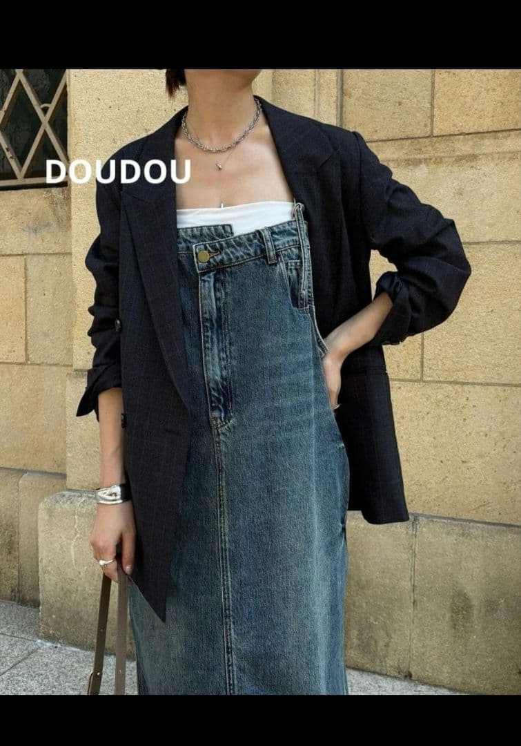 DOUDOU 裾フリンジデニムジャンスカ S ブルー