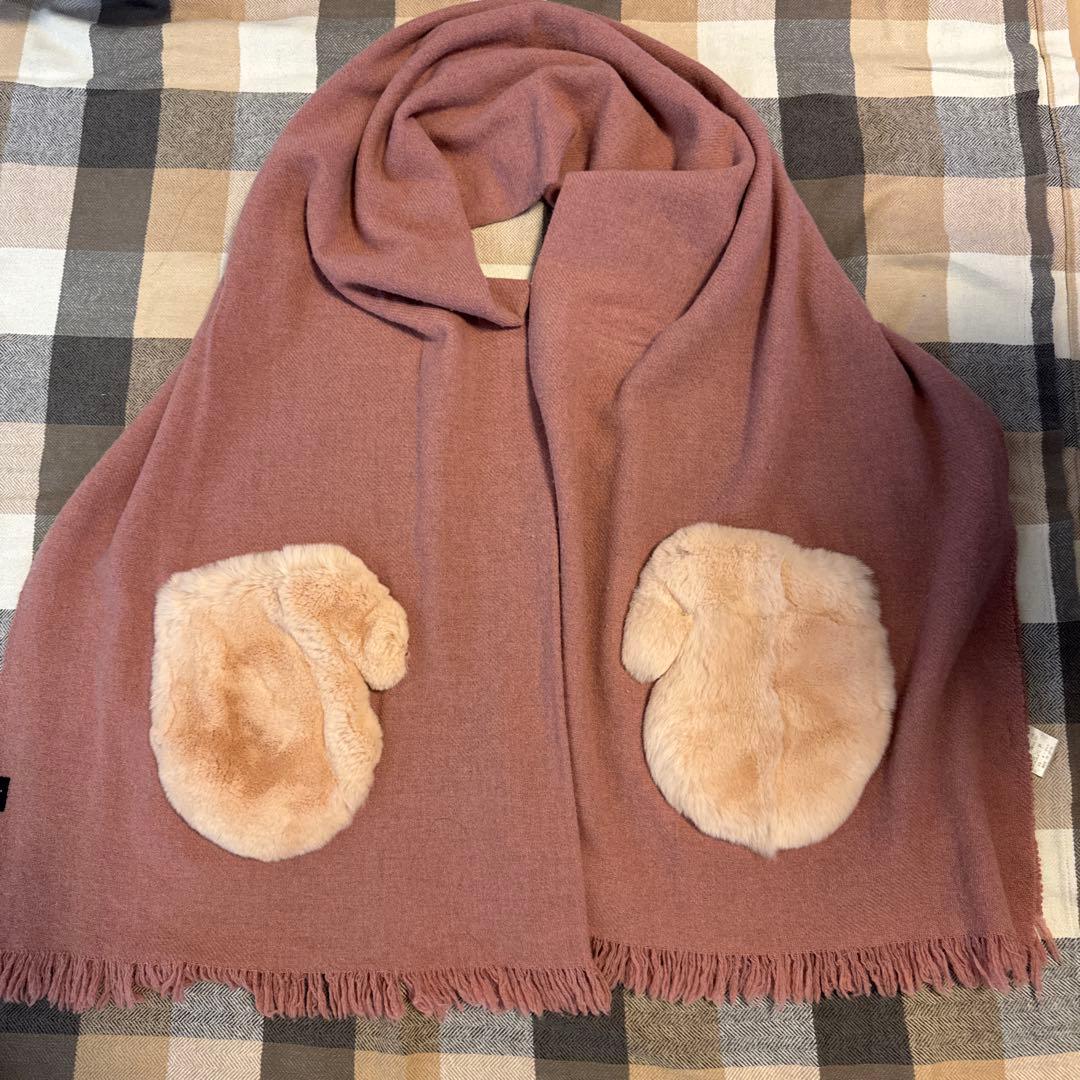 ebagosu ラビットファーポケット付きストール ピンク キズあり