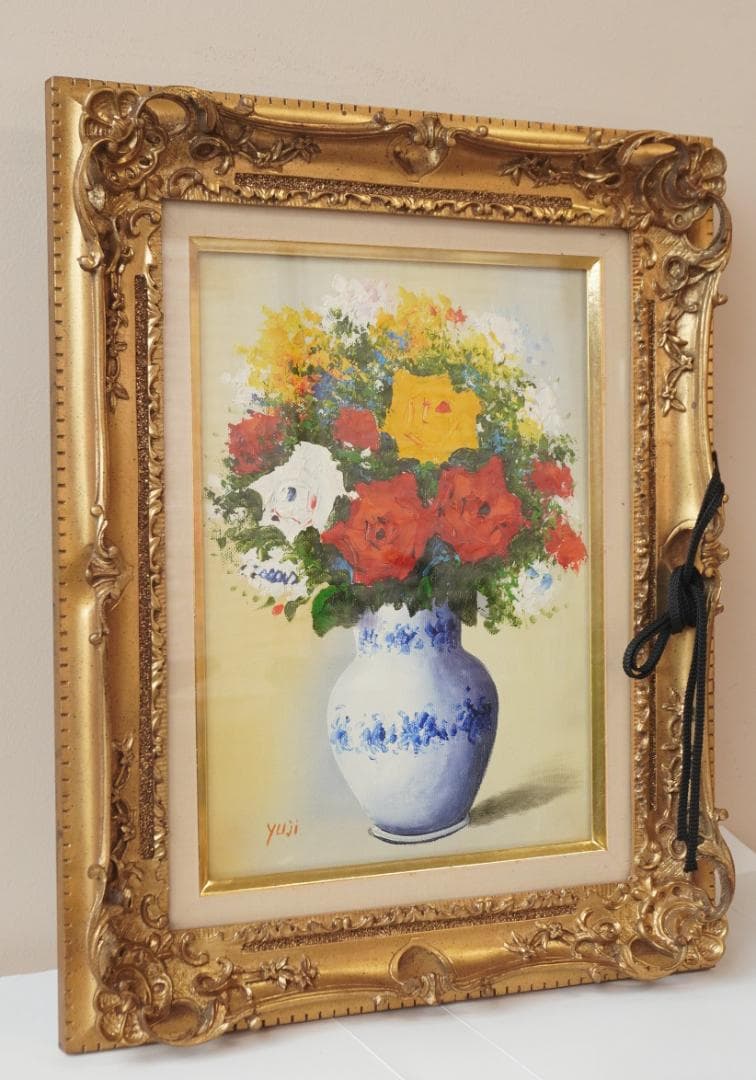 油絵 花 F4号 斎藤遊児 絵画 静物画 額縁 ガラス付き