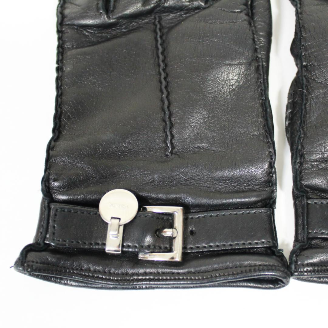美品 プラダ 手袋 グローブ ラムレザー カシミヤ 7 ブラック PRADA