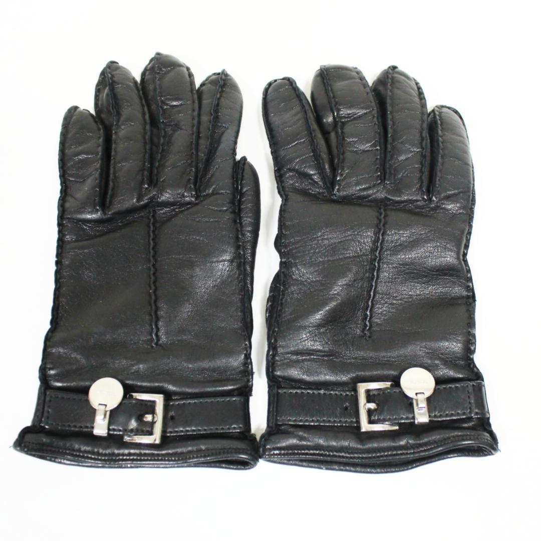 美品 プラダ 手袋 グローブ ラムレザー カシミヤ 7 ブラック PRADA