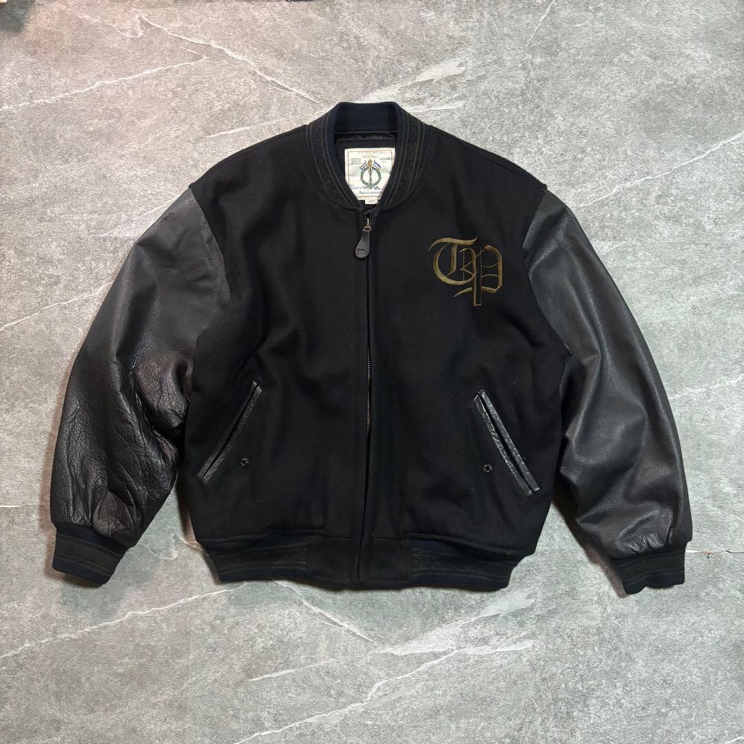 スタジャン 本革 ウール unknown L ブラック 90s