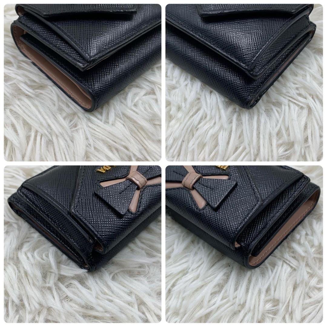 【✨美品✨】プラダ 三つ折り財布 リボン サフィアーノ ブラック