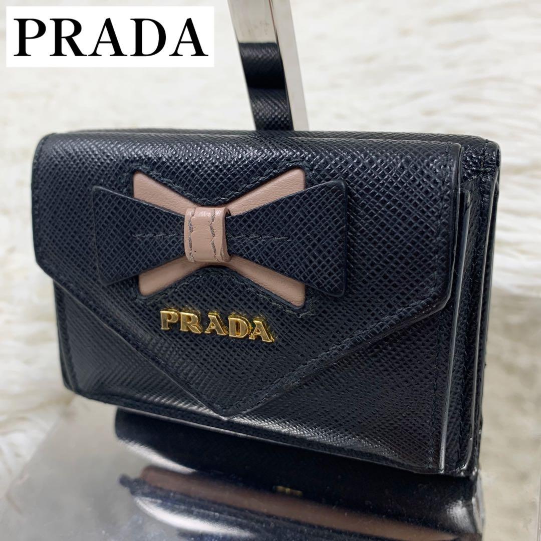 【✨美品✨】プラダ 三つ折り財布 リボン サフィアーノ ブラック
