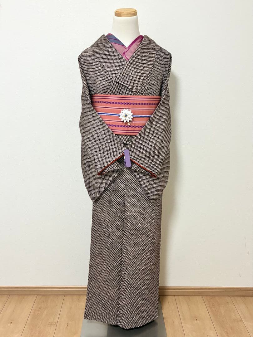 袷　小紋　鹿の子絞り　黒×赤　裄65cm 正絹　おまけ付き