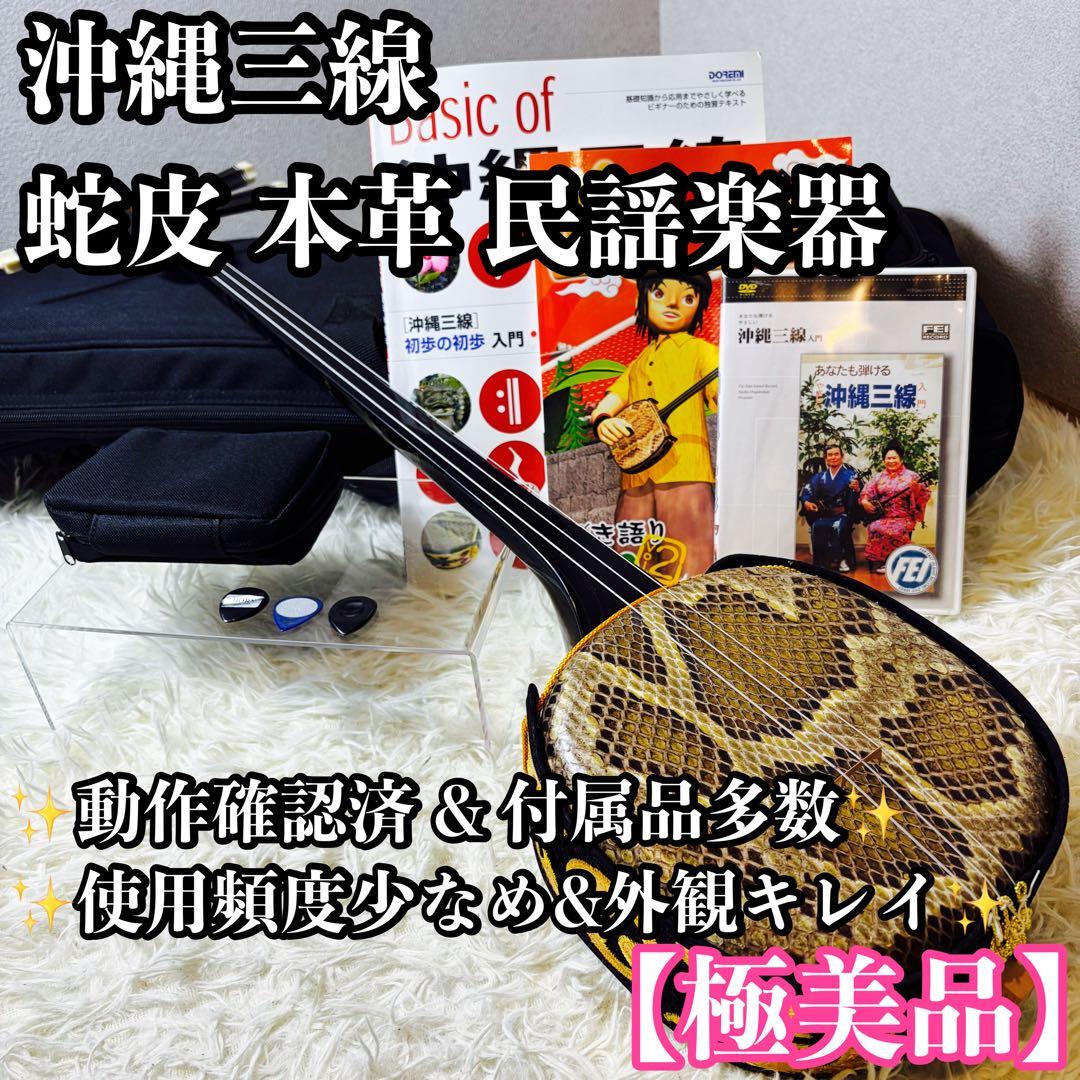 【極美品】沖縄三線 蛇皮 本革 民謡楽器 民謡 和楽器 三線 付属品多数