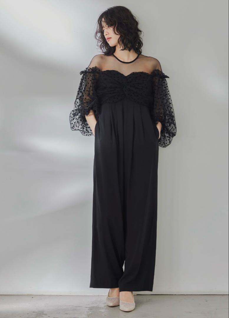 タグ付 フロッキードットパンツドレス オールインワン ブラック Lサイズ 結婚式