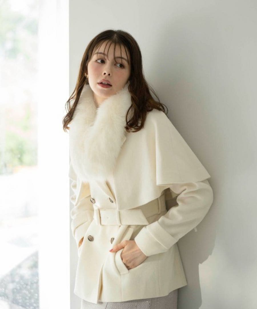 SALE Noela 新品 ケープ2wayミディウールコート オフホワイト S