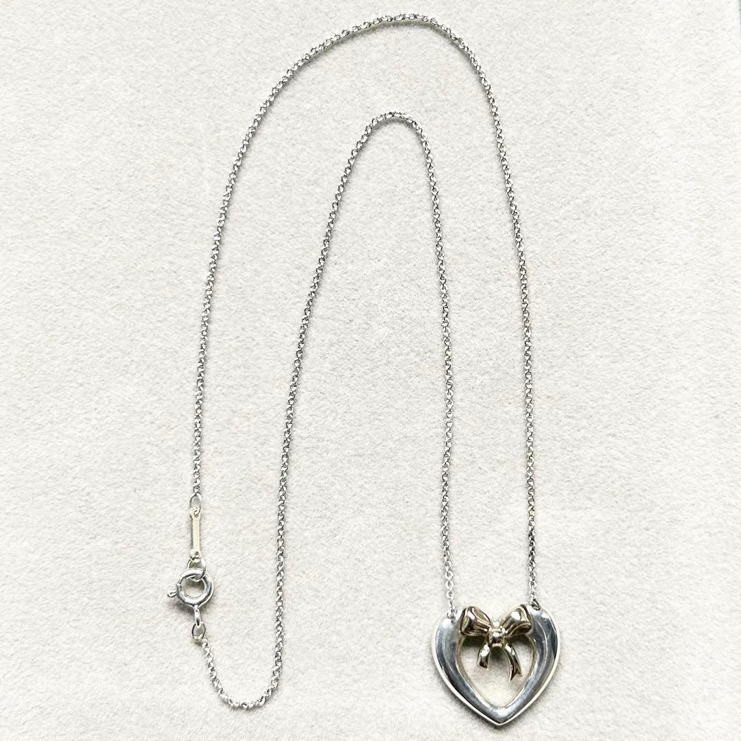 美品 Tiffany ハート リボン コンビ ネックレス チェーン ビンテージ