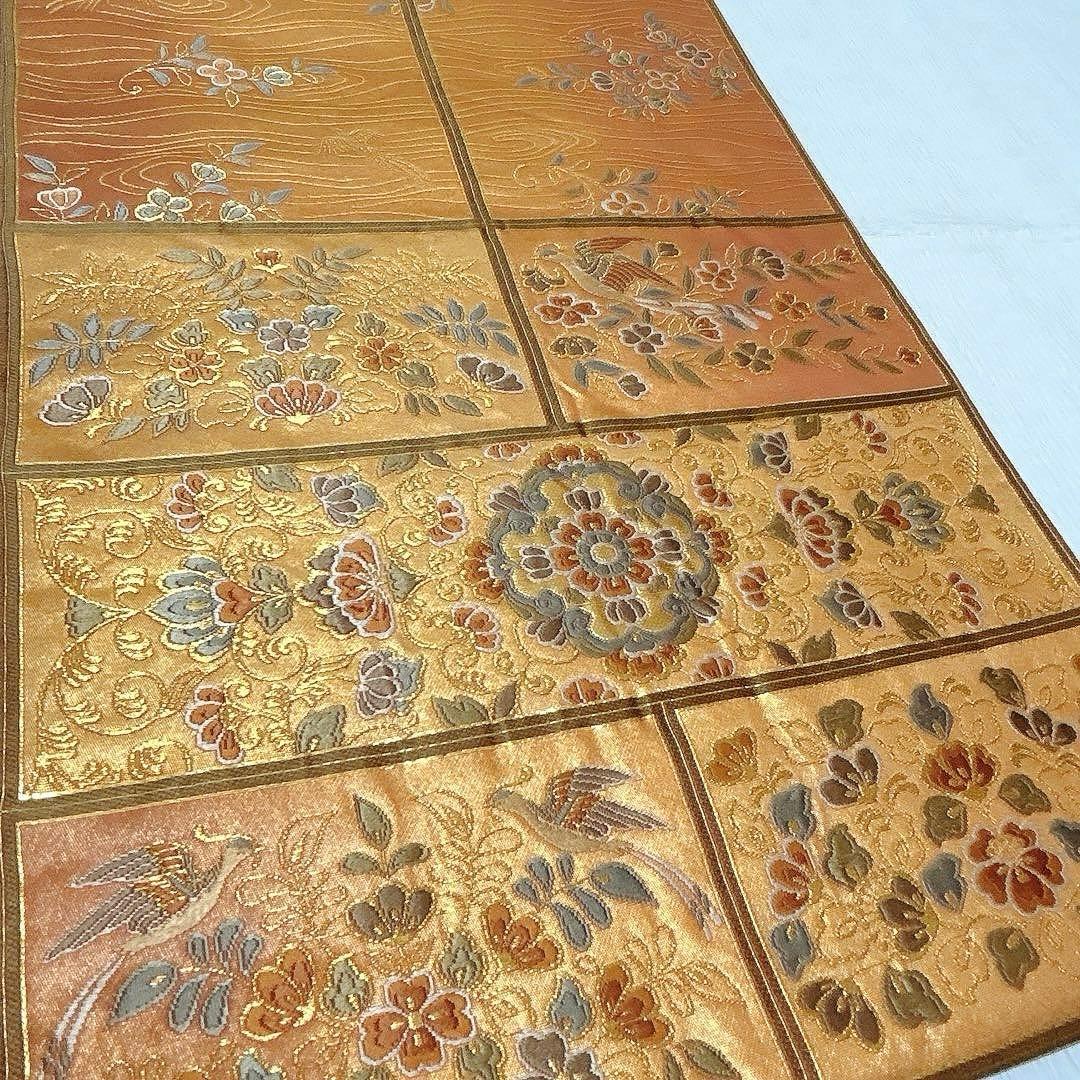 梅垣織物　袋帯　格子華文　西陣織　引箔　正絹　金糸　オレンジゴールド系　逸品