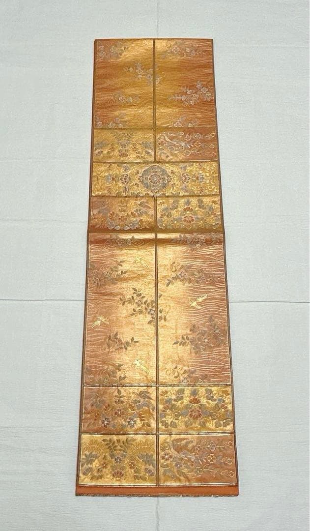 梅垣織物　袋帯　格子華文　西陣織　引箔　正絹　金糸　オレンジゴールド系　逸品