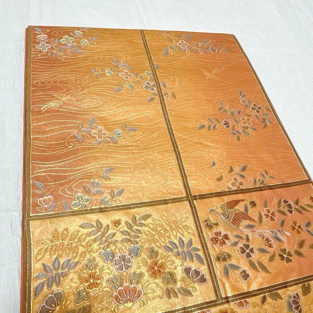 梅垣織物　袋帯　格子華文　西陣織　引箔　正絹　金糸　オレンジゴールド系　逸品