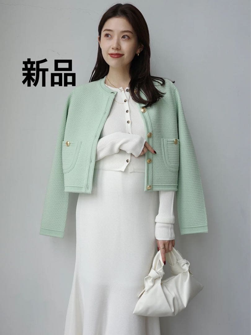 新品 anuans アニュアンス ノーカラーラーベンニットジャケット ミント 2