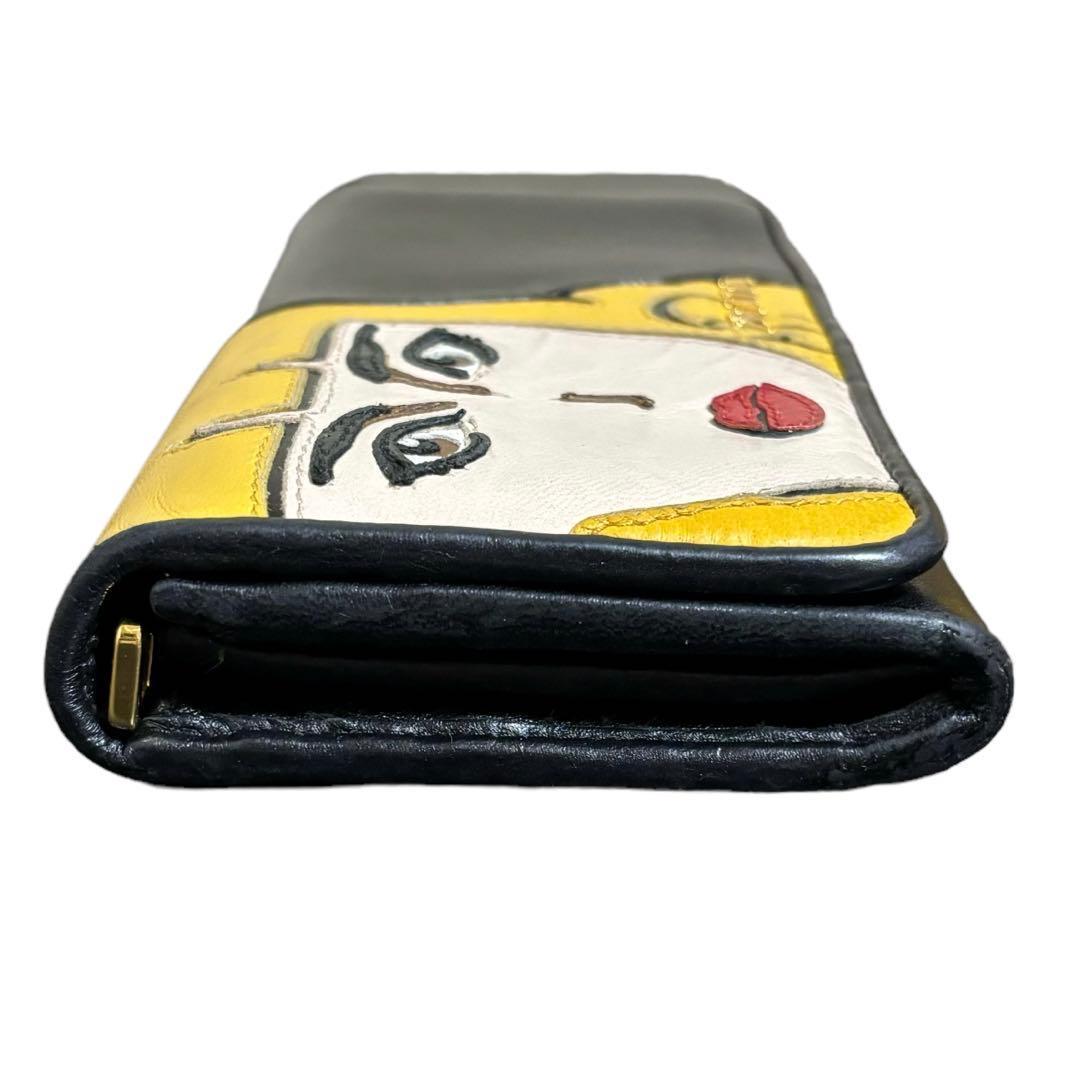美品　希少　人気　プラダ　長財布　レザー　ブラック　アップリケ　顔　Wホック